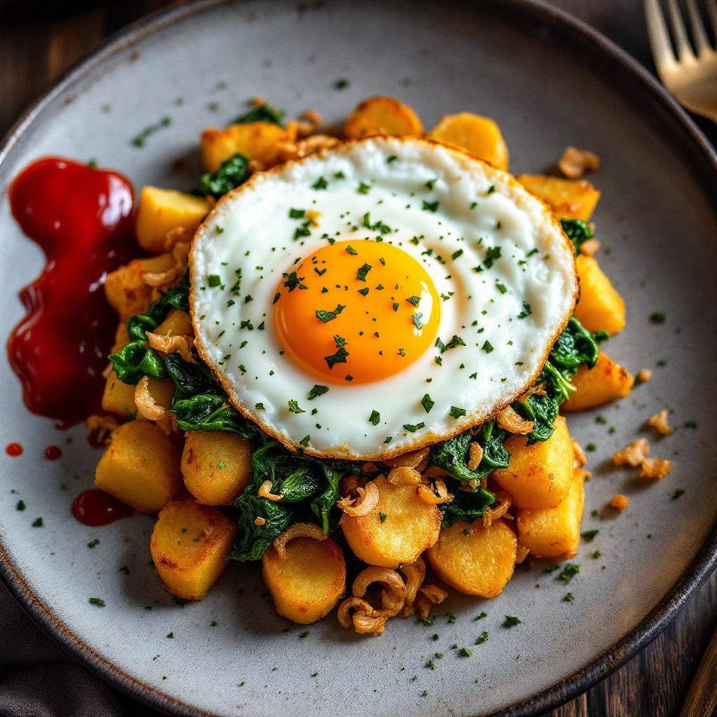 bratkartoffel mit spiegelei und ketchup
