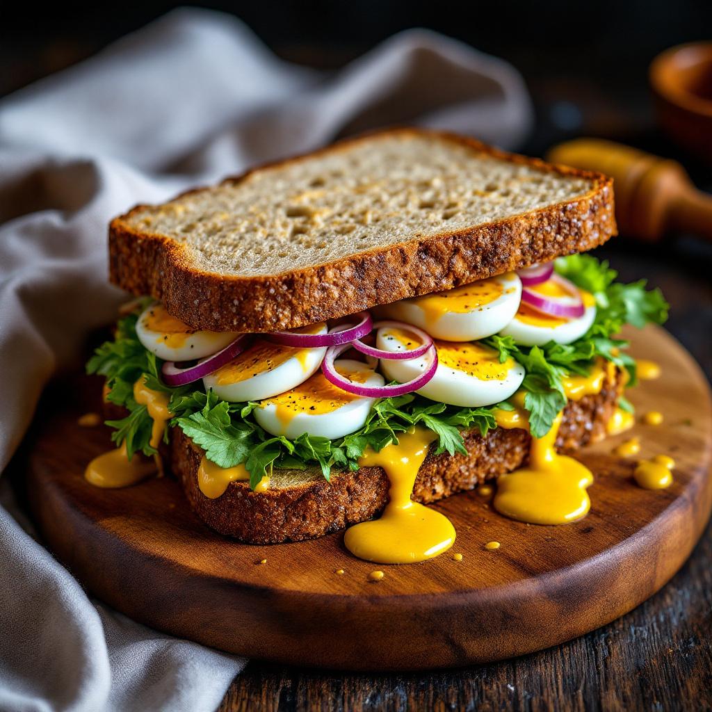 sandwich mit ei, salat und senfsauce