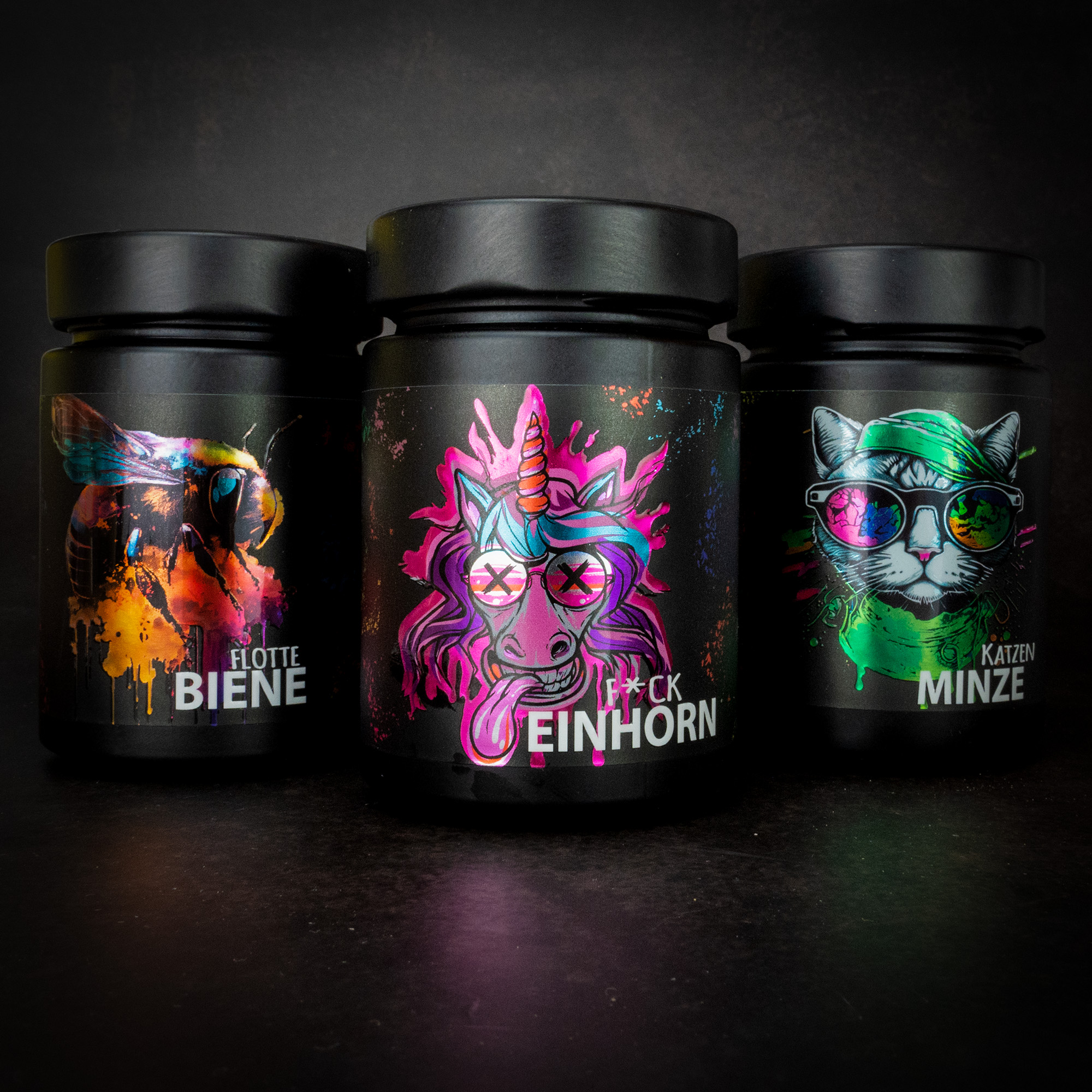 Senf Set mit F*CK EINHORN, KATZENMINZE, FLOTTE BIENE