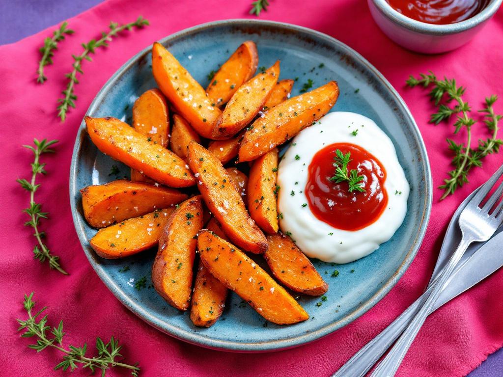suesskartoffelpommes mit joghurt und ketchup