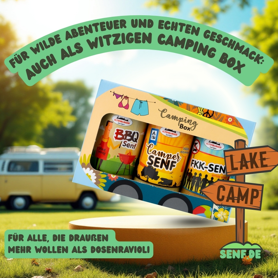 camping box mit drei lustigen camper senfen