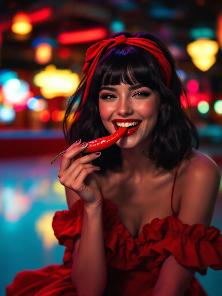 frau im pin up look mit chilischote