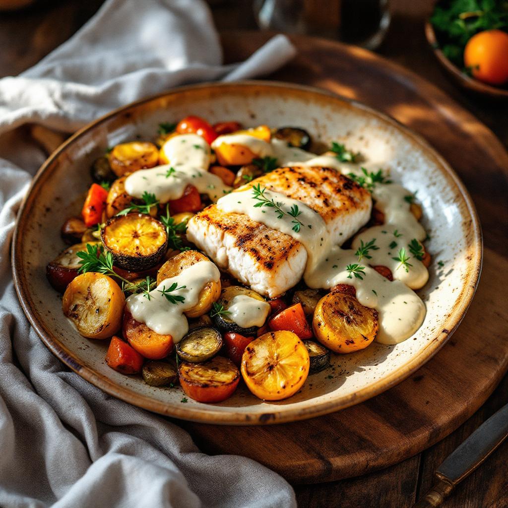 fischfilet auf gemüsebett und weißer sauce