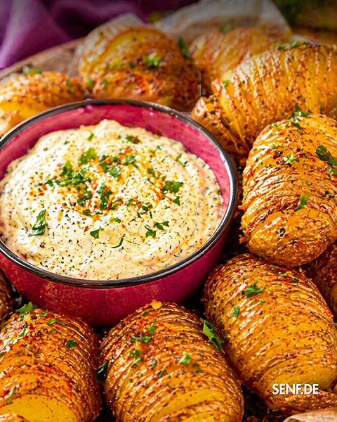 Knusprige Fächerkartoffeln mit Bratkartoffel Gewürz & Honig-Dill Senf Dip