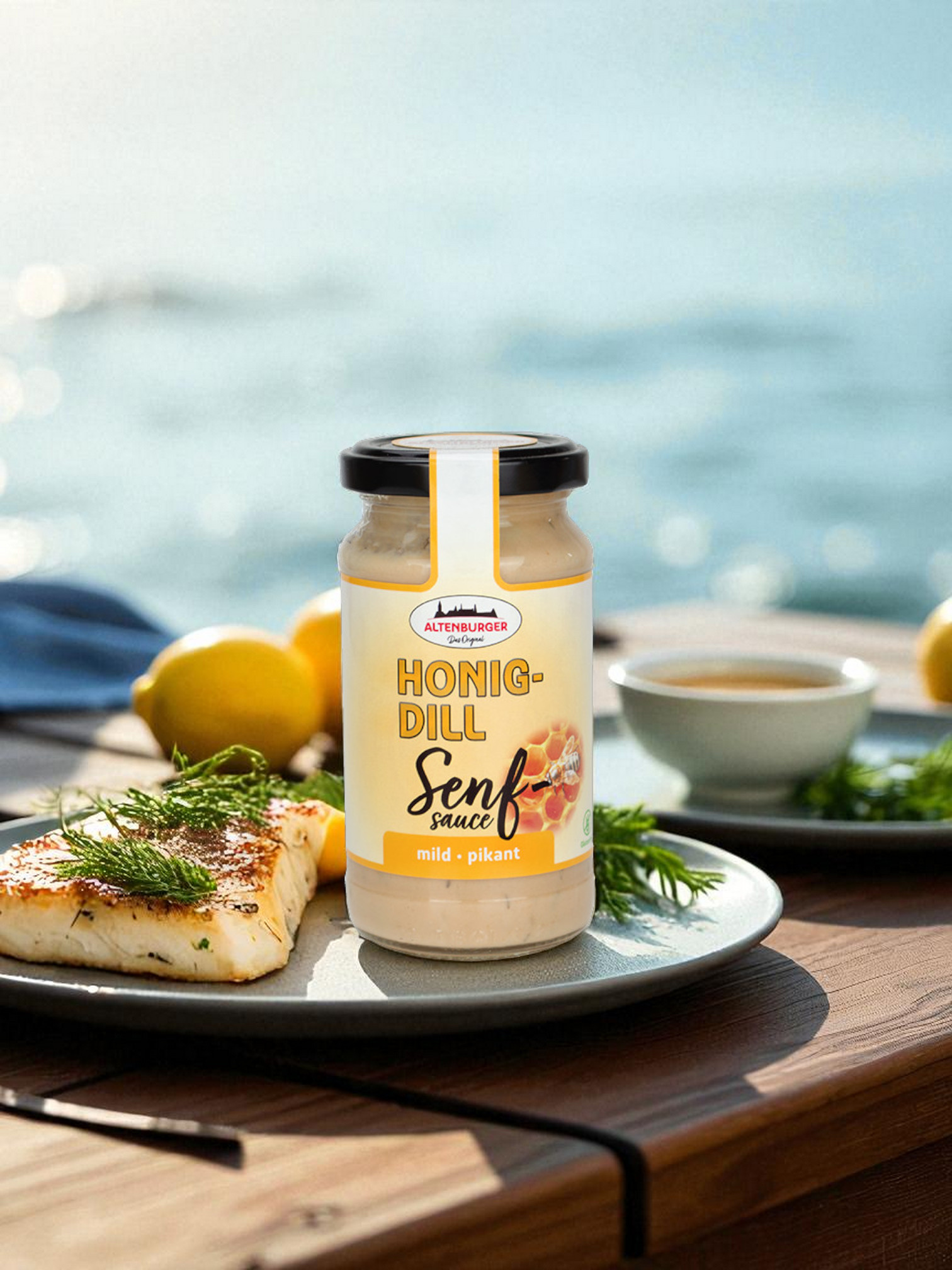 honig dill senfsauce mit fischfilet am meer
