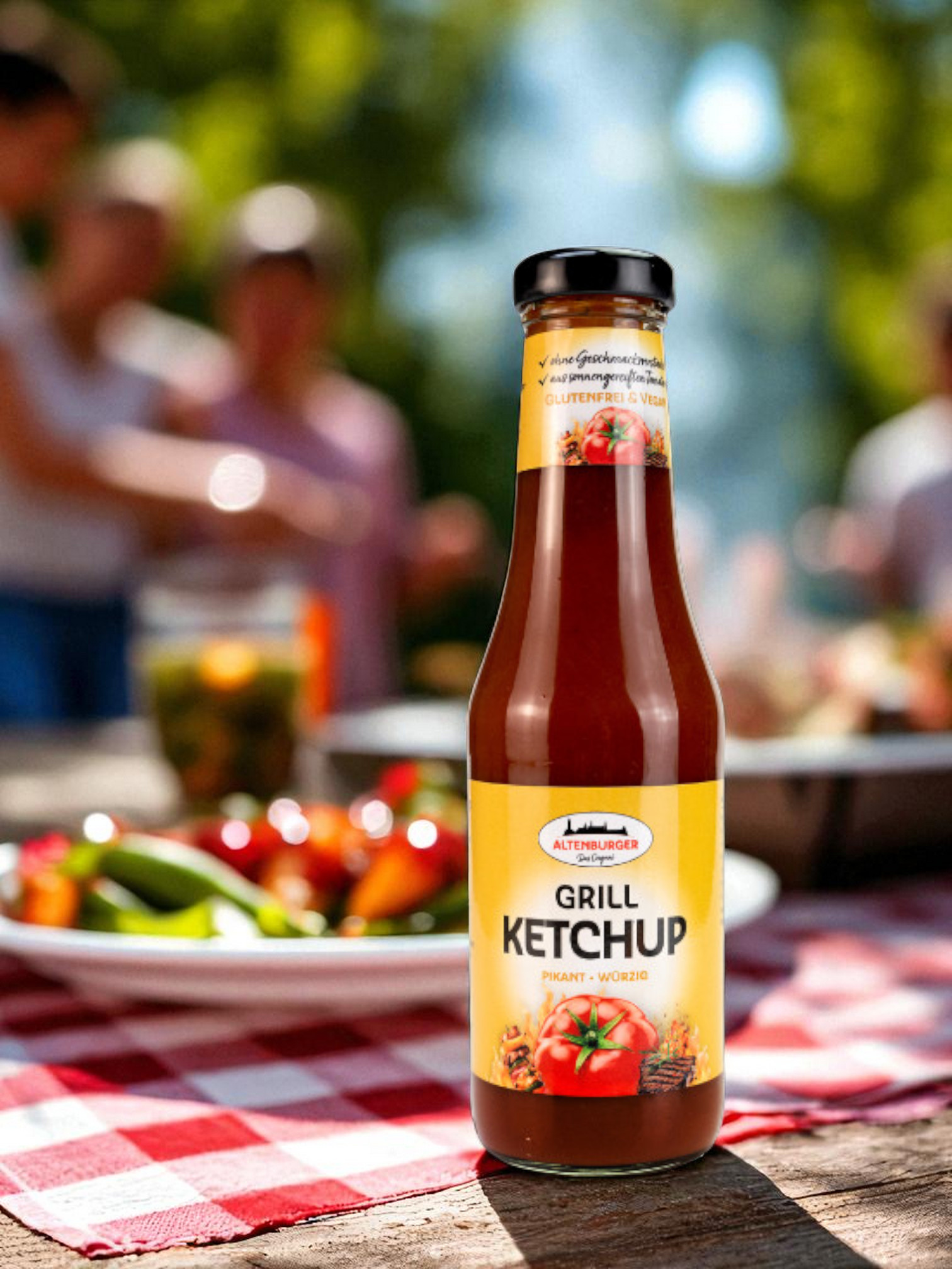 grillketchup auf grilltisch im hintergrund menschen am grill