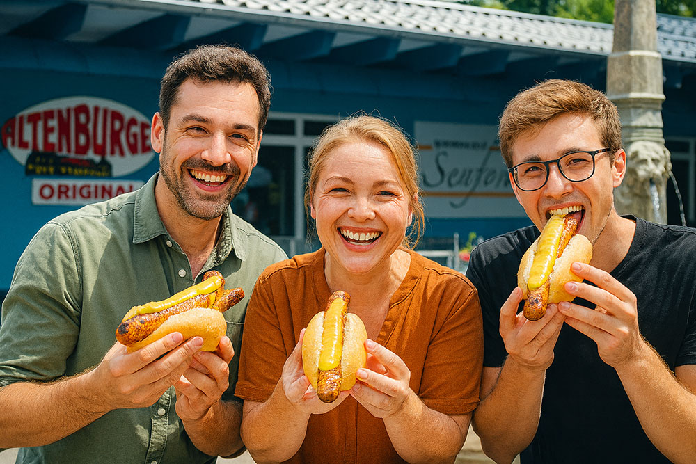 deko: drei personen mit bratwurst deko: drei personen mit bratwurst