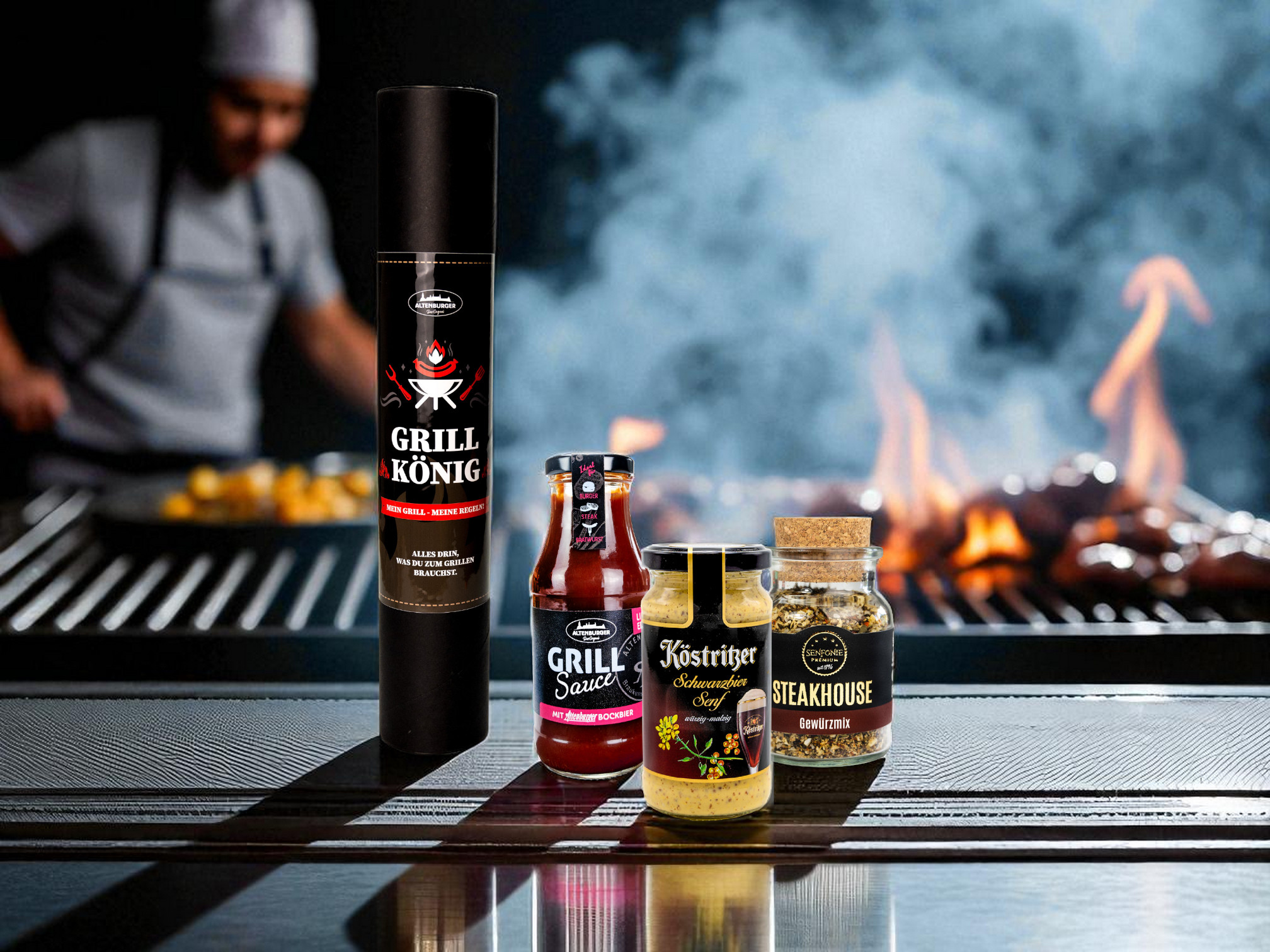 Grillkoenig Geschenkrolle mit Grillsauce, Bier Senf und Steakhouse Gewürz