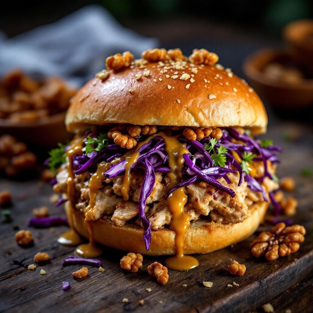 burger mit rotkraut, pulled pork und senfsauce