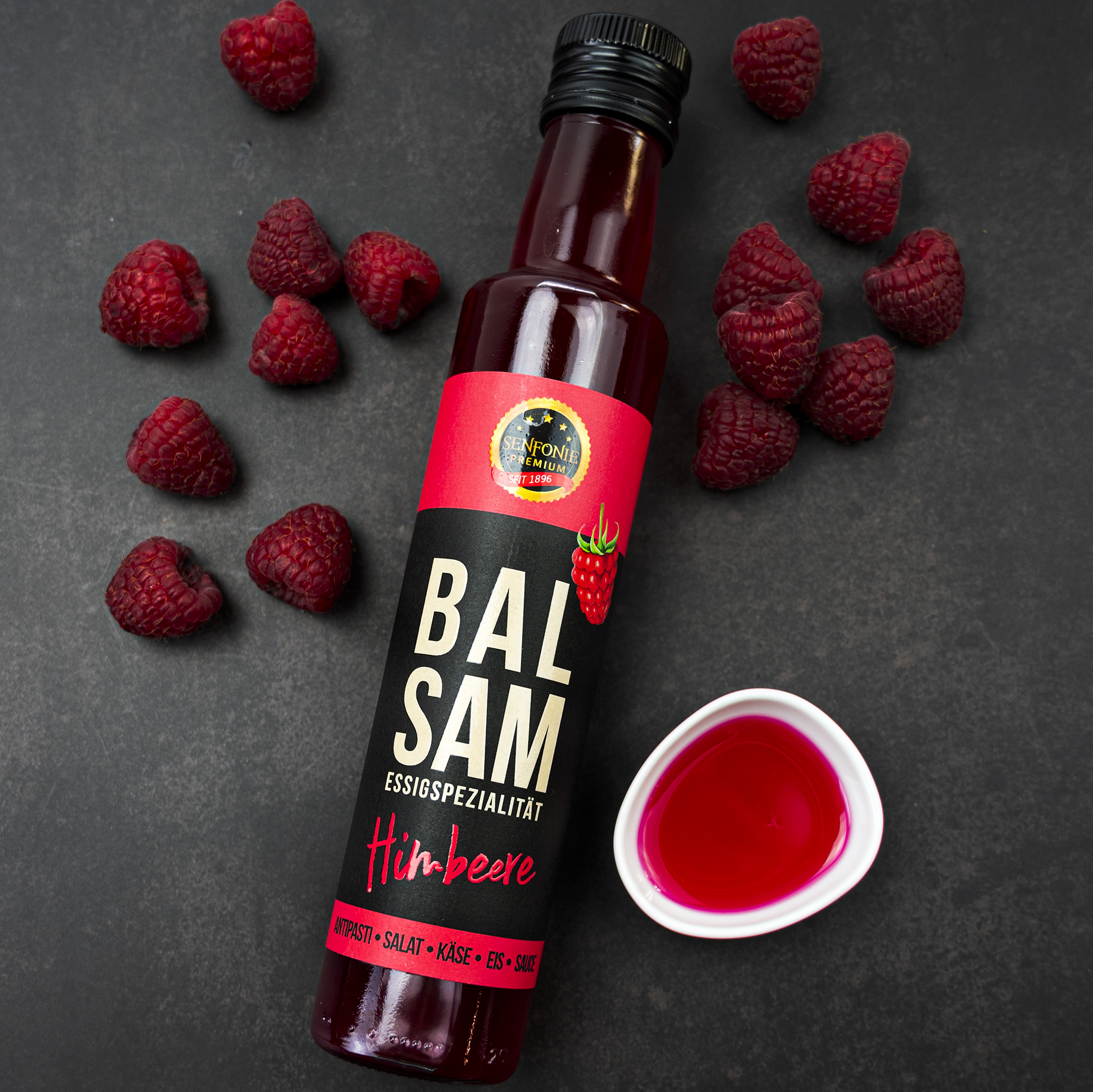 Fruchtbalsam Himbeere schmeckt hervorragend zu Antipasti, Salat, Käse Eis und Saucen.