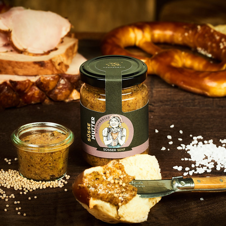 Susse-Mutter-Senf-fur-Leberkase-Weisswurst-Brezel Süßer Senf für Weißwurst, Brezeln, Leberkäse
