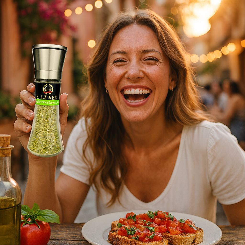 deko frau mit mediterranem salz in der mühle