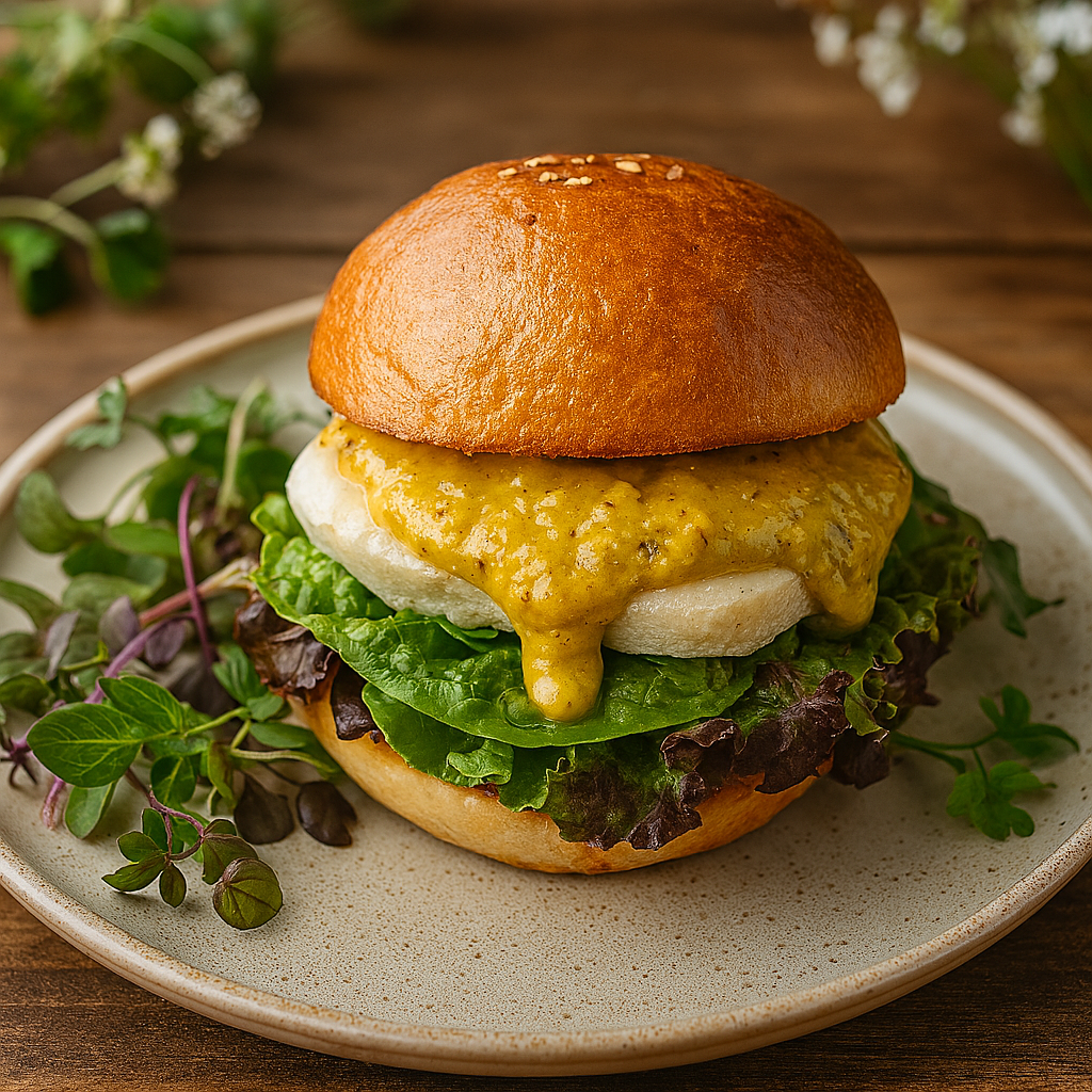 burger mit grillkäse, salat und süß-scharfen senf