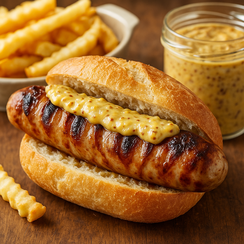 bratwurst mit brötchen, körniger senf und pommes