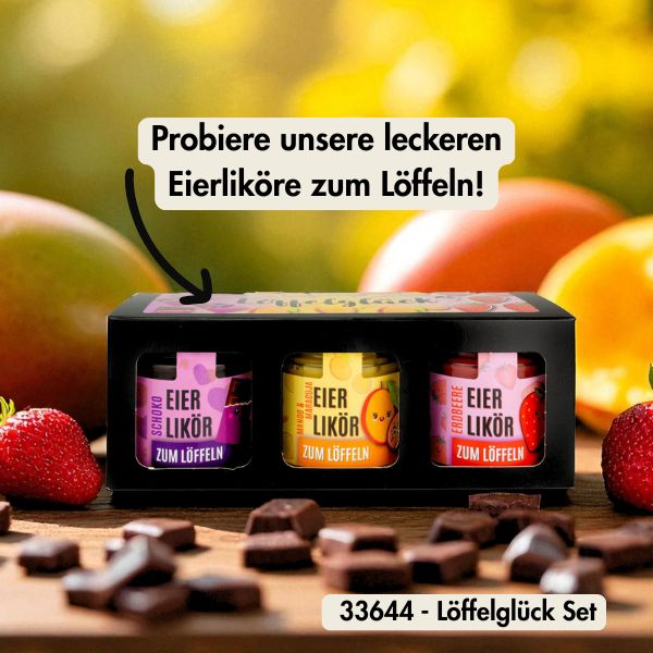 info löffelglück geschenkset mit eierlikör zum löffeln schoko, mango-maracuja und erdbeere info löffelglück