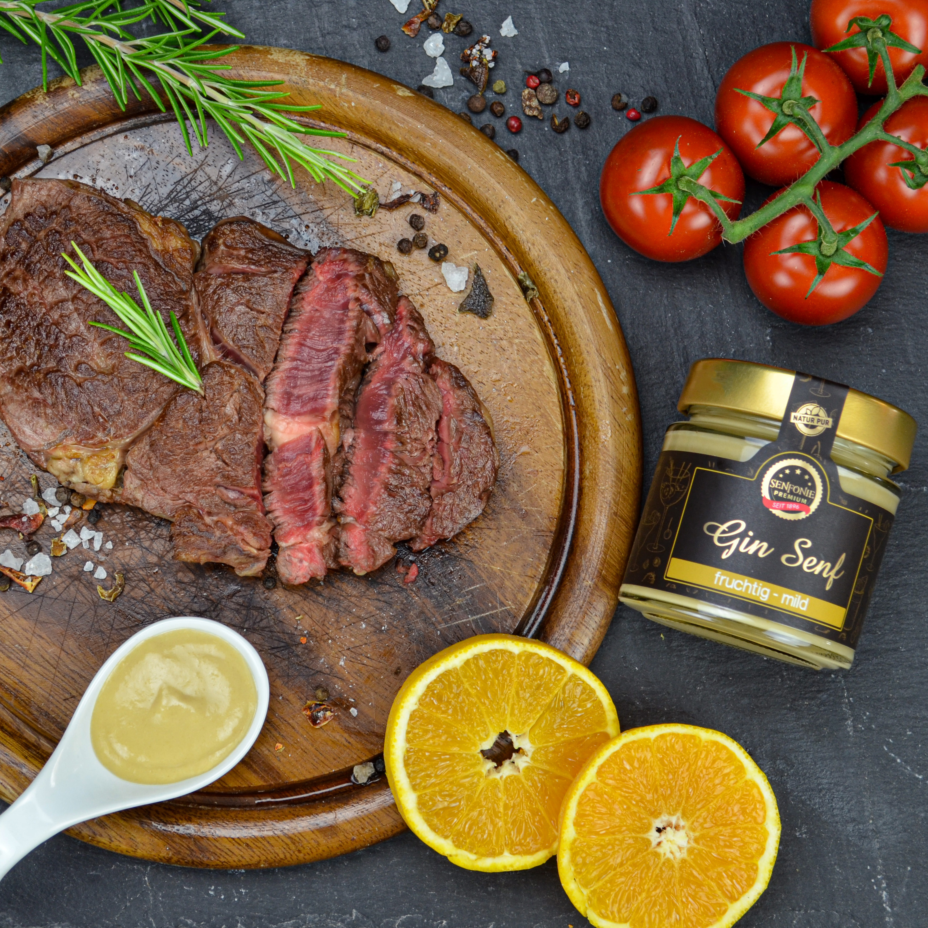 Wir empfehlen Gin Senf zu saftigem Fleisch.