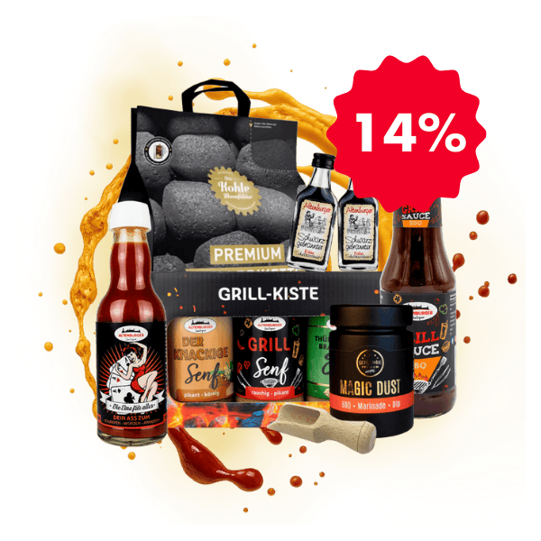 Grillbundle mit Briketts, Sauce, Schnaps, Senf & Rub