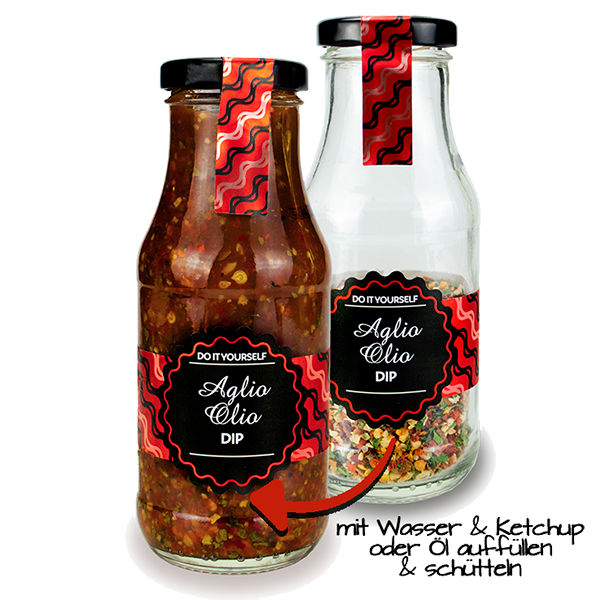 Aglio Olio Dip in der DIY Flasche zum Dippen, als Sauce und zum Fleisch.