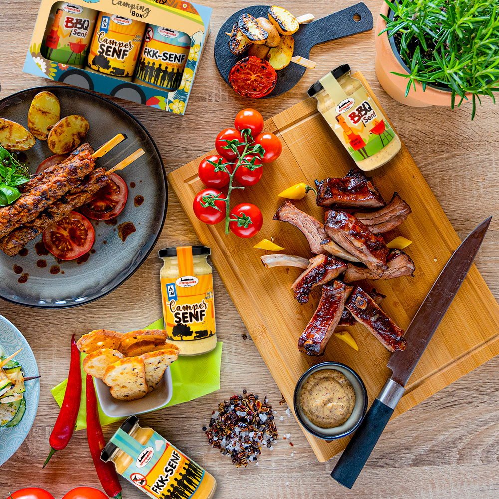 Camping Box mit FKK Senf, BBQ Senf und Camper Senf