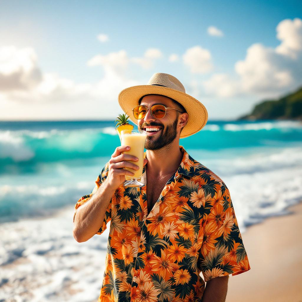 deko fröhlicher mann trink pina colada deko mann am strand