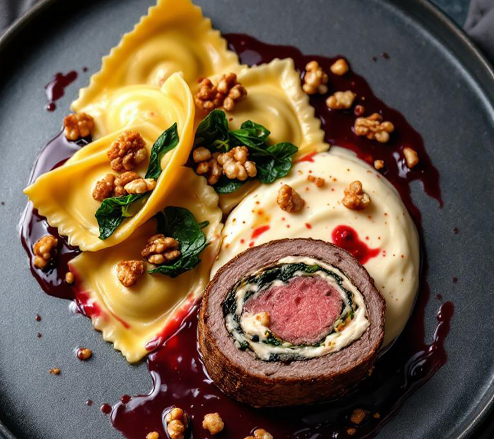 Deko Gericht mit gefülltem Hirsch Deko: Gericht mit gefülltem Hirsch, Polenta und Tortellinis