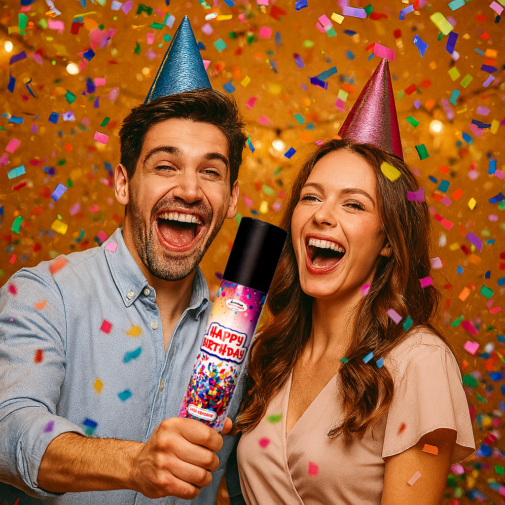 frohes paar mit partyhütchen, konfettiregen und happy birthday geschenkrolle