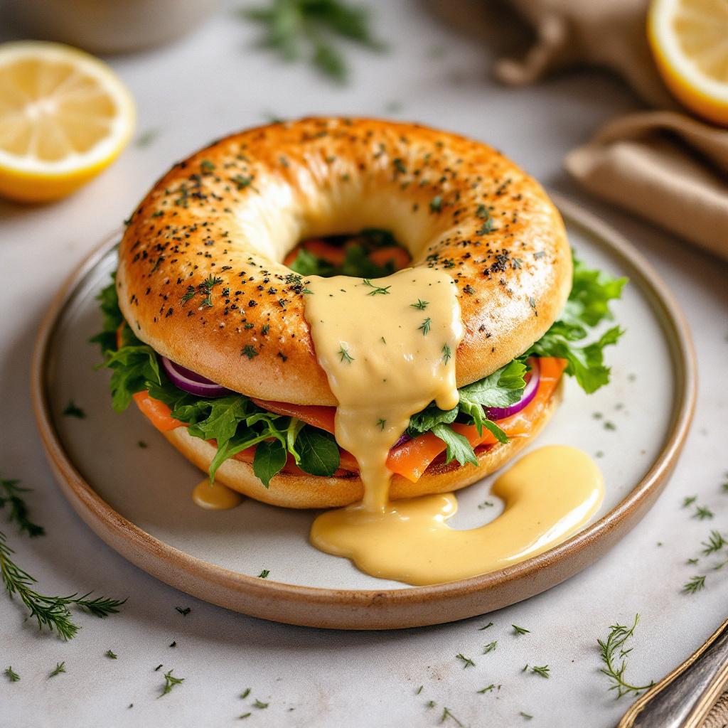 bagel sandwich mit salat, lachs und  honig dill senfsauce