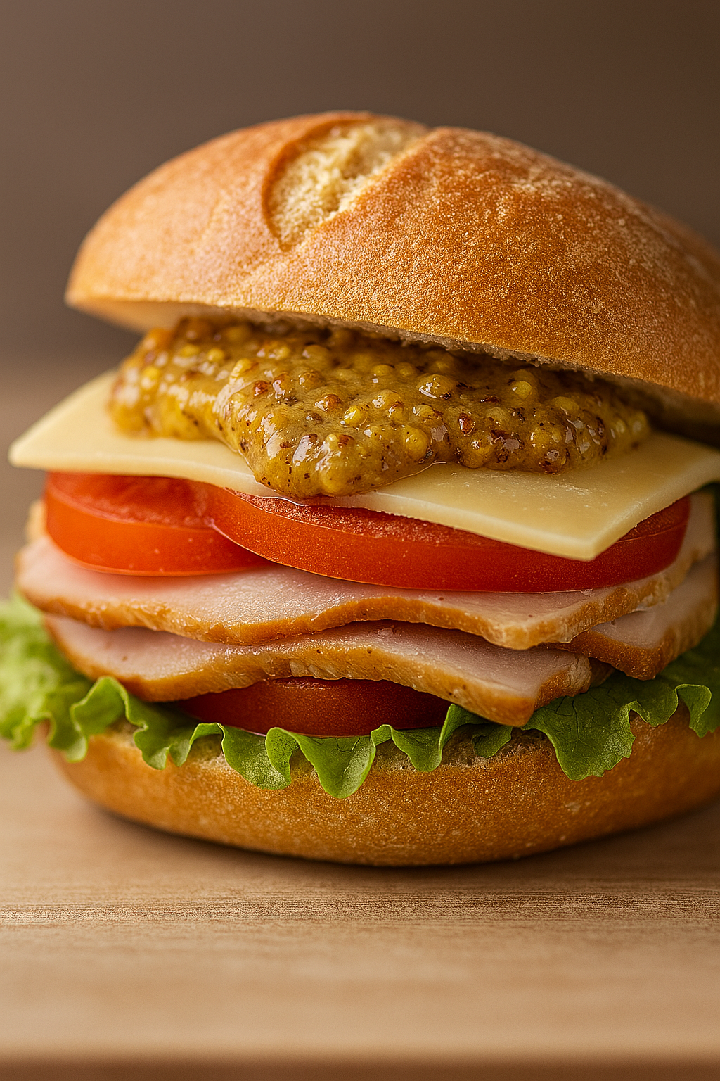 brötchen mit tomaten, wurst, schicken und senf mit ganzen senfkörnern