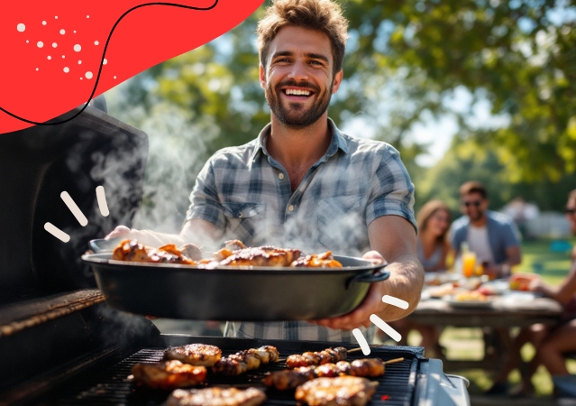 froehlicher mann haelt braeter ueber grill froehlicher mann haelt braeter ueber grill