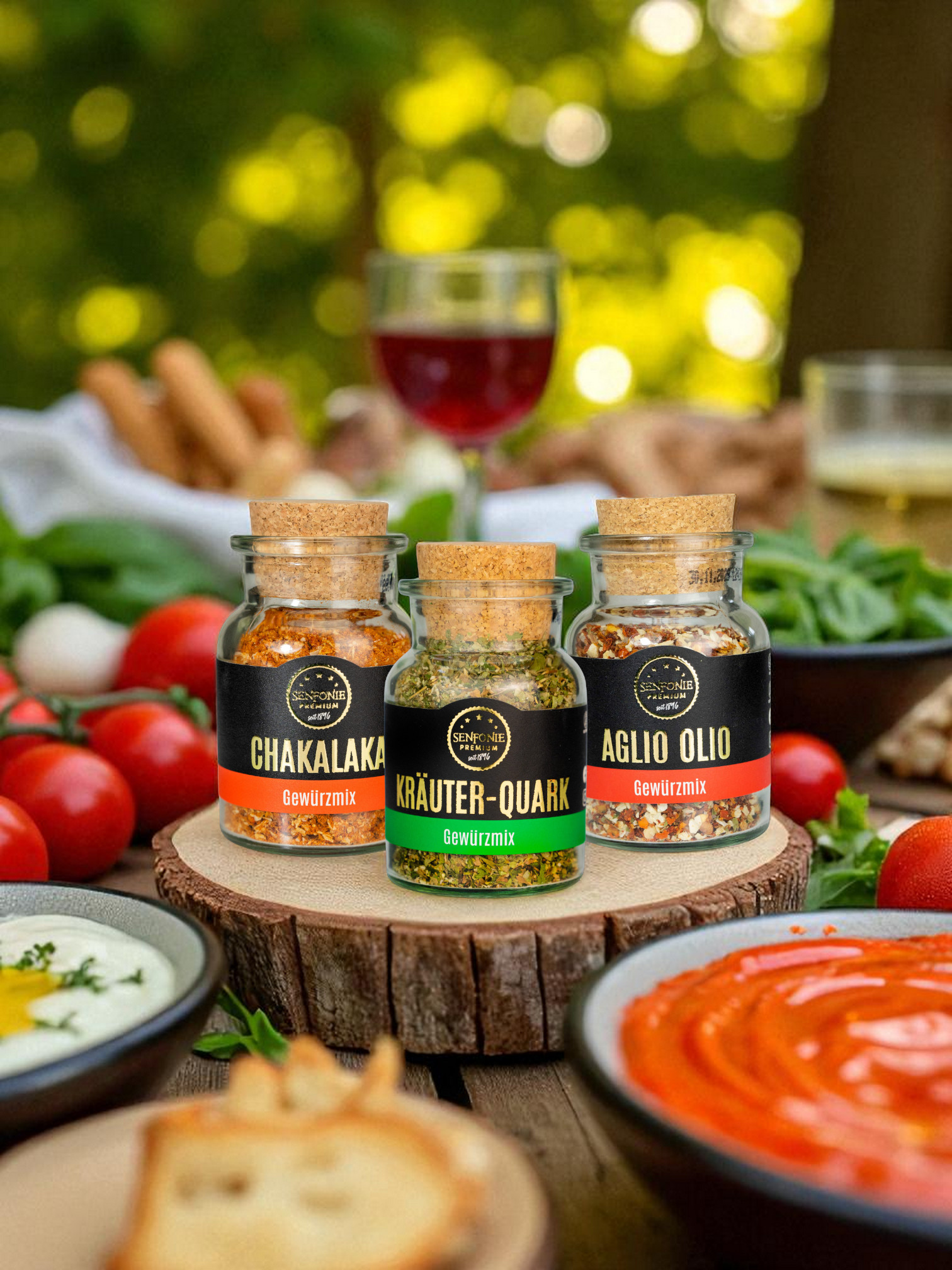 Dip Gewürze Chakalaka, Kräuter Quark, Aglio auf Grilltisch
