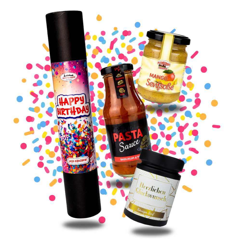 geschenkrolle mit pasta sauce, mango senfsauce und herzlichen glückwunsch senf