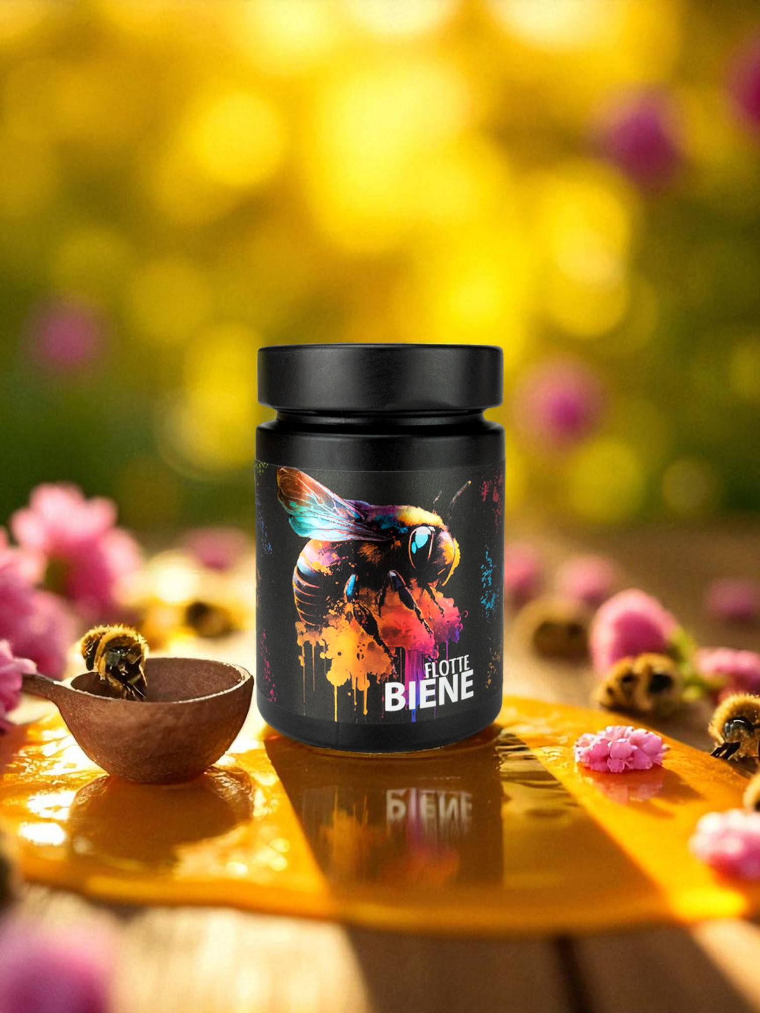 flotte biene senf, romantische aufnahme vor blüten mit senfkleks und bienen