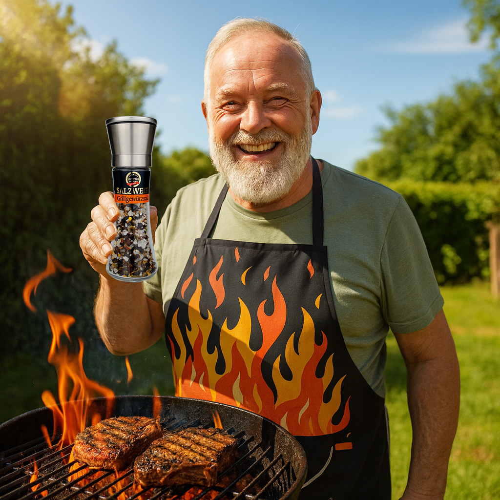 deko mann mit grillgewürz in der mühle