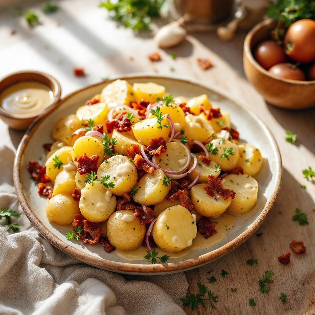 kartoffelsalat mit schinkenwürfeln und zwiebeln