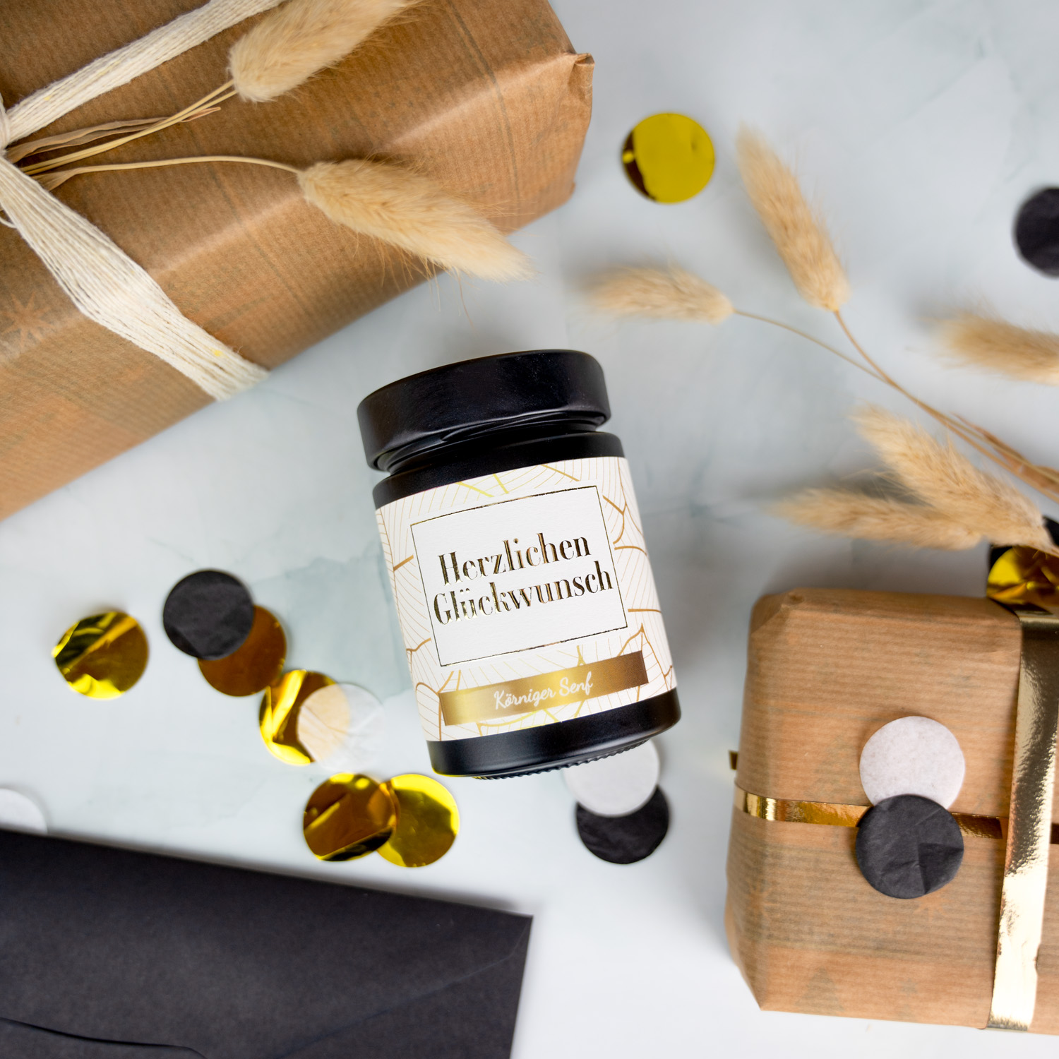 Herzlichen-Gluckwunsch-Senf-Deko Eine besonders, schmackhafte Art um Glückwunsch zu sagen!