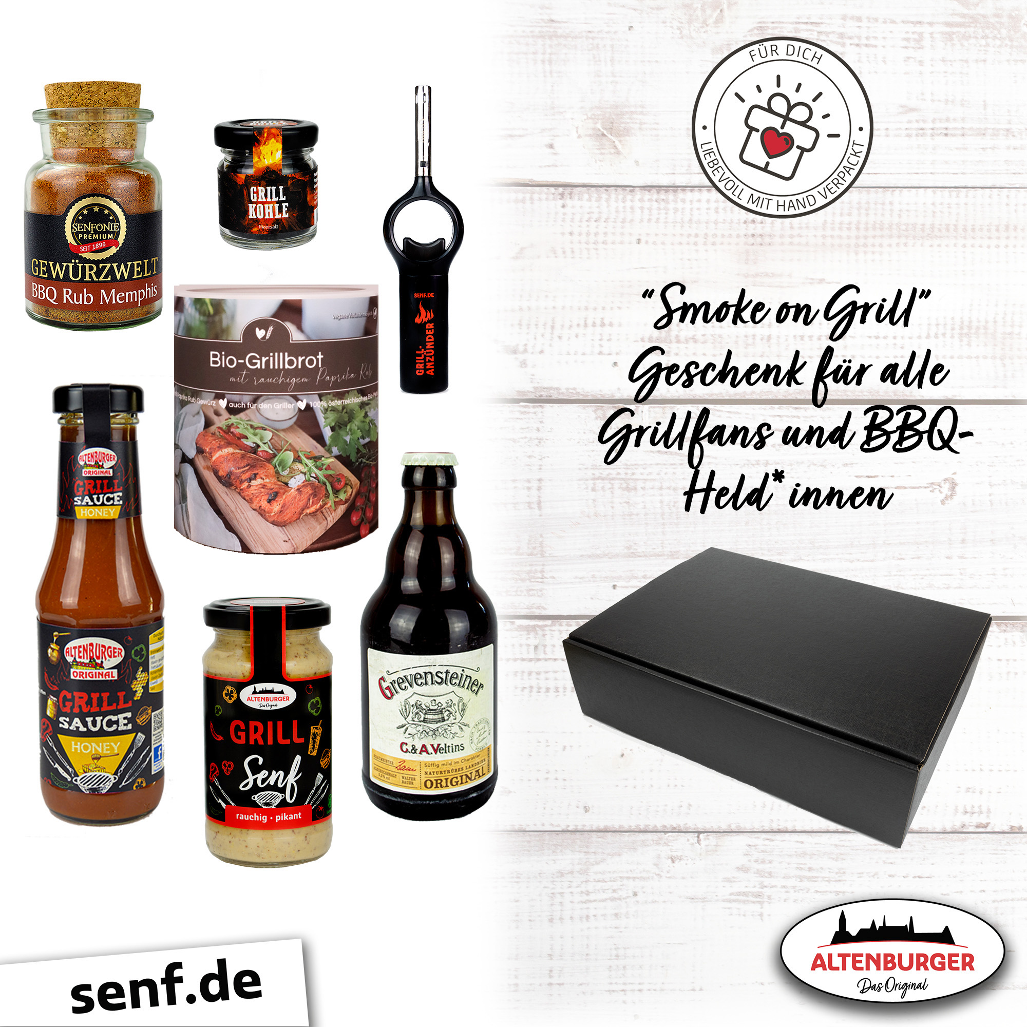 SMOKE-ON-GRILL-Geschenk-mit-Grillbrot Grillset gefüllt mit Gewürzen, Brotbackmischung, Bier, Senf und Sauce