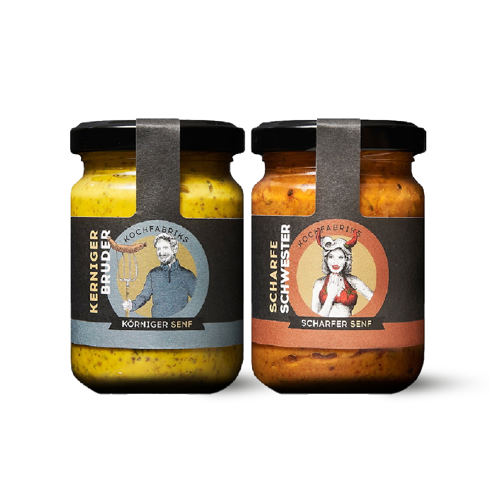 Senf Set "Kerniger Bruder" & "Scharfe Schwester" (2 x 130 ml) Senf Set "Kerniger Bruder" & "Scharfe Schwester" (2 x 130 ml)