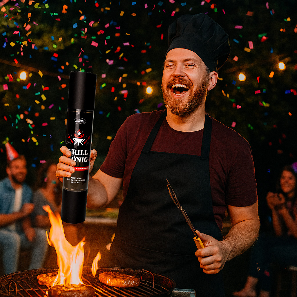 grillkönig geschenkrolle in der hand eines grilleres mit kochmütze und schürze am grill, konfettiregen