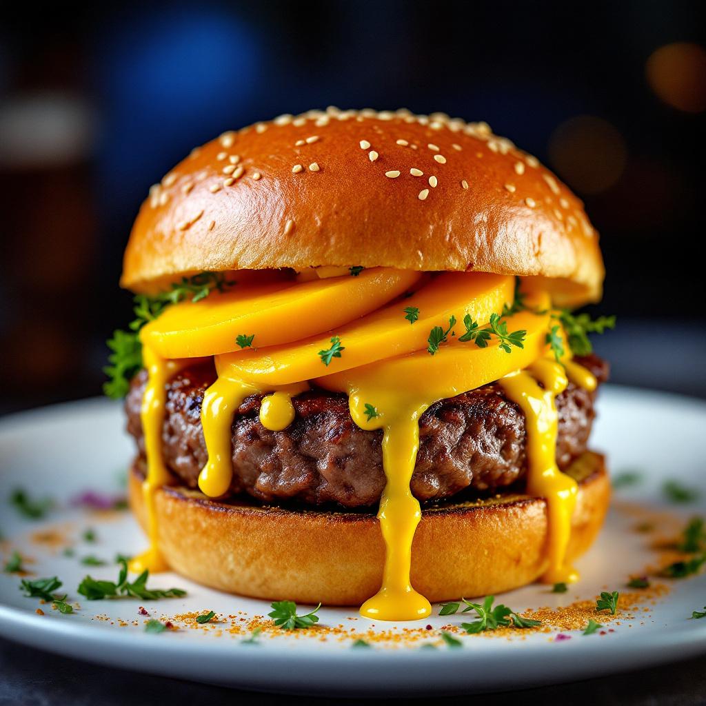 burger mit rinder-pattie, burgersauce und mangoscheiben
