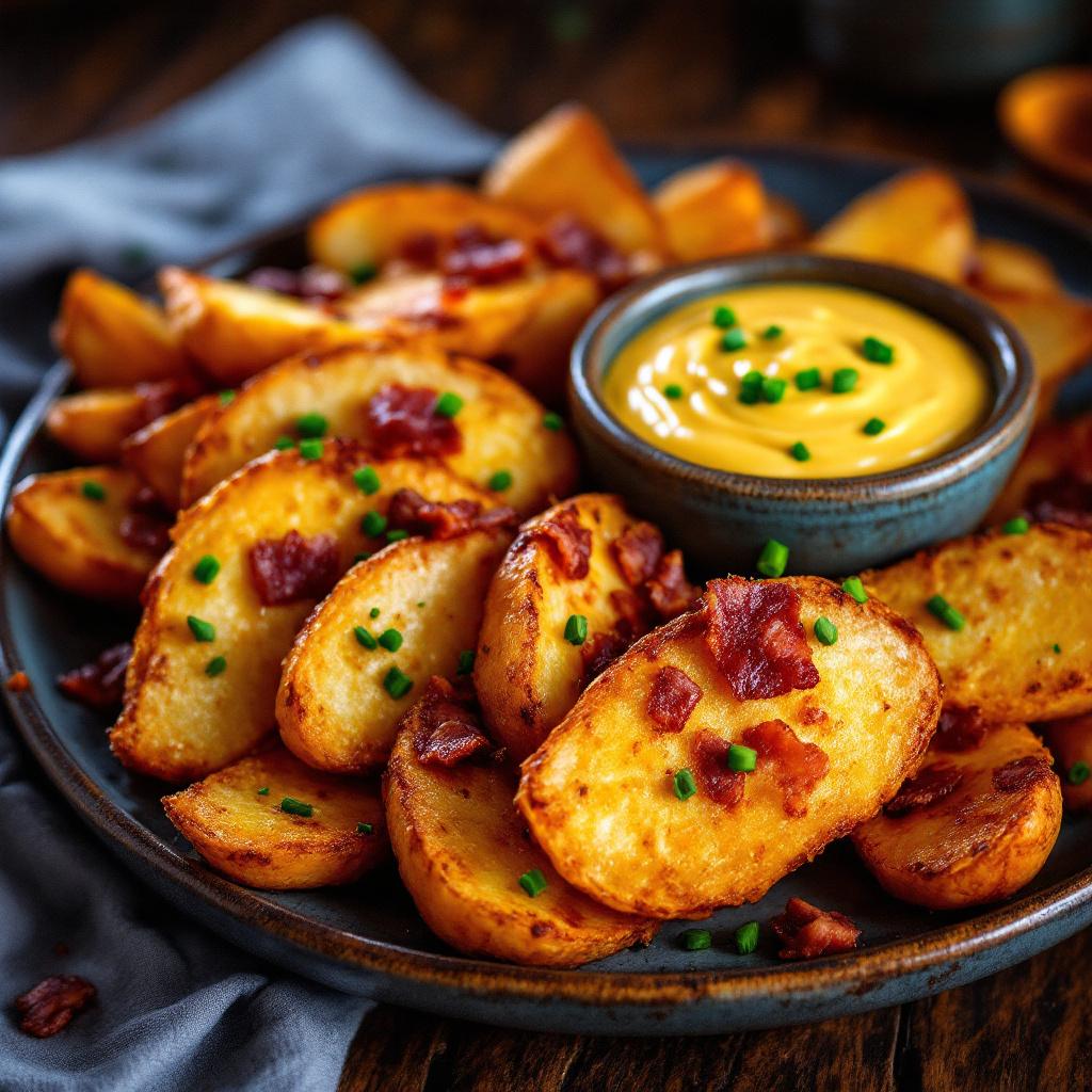 kartoffelscheiben frittiert mit schinken und honig senf