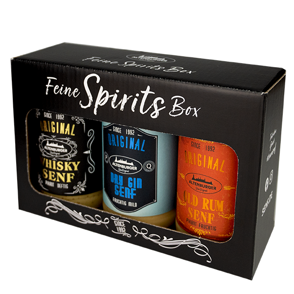Geschenkbox gefüllt mit Whisky Senf, Gin Senf und Rum Senf