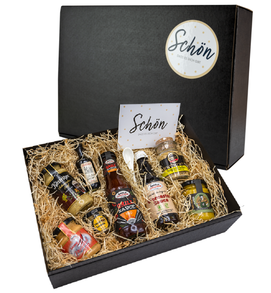 Geschenk für Männer gefüllt mit Saucen, Meerrettich und Schnaps mit Geschenkbox schwarz mit "Schön, dass es dich gibt" Sticker