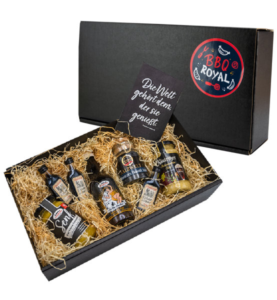 Black Box Geschenkbox Senf & Feinkost mit schwarzem Geschenkkorb "BBQ Royal"-Sticker
