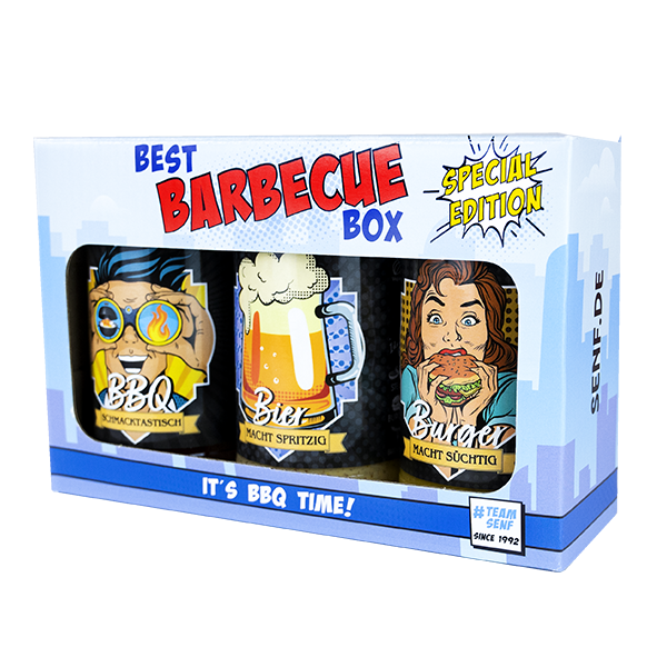 Best Barbecue Box gefüllt mit BBQ Sauce, Bier Senf und Burger Sauce