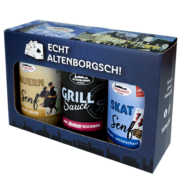 Altenburger Kiste gefüllt mit Bauernsenf, Grillsauce mit Altenburger Bockbier und Skat Senf