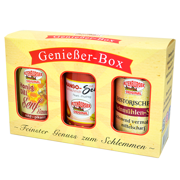 Genießer Box gefüllt mit Senf und Senf Fruchtaufstrich