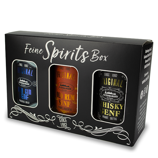 Feine Spirits Box gefüllt mit Gin Senf, Rum Senf und Whisky Senf