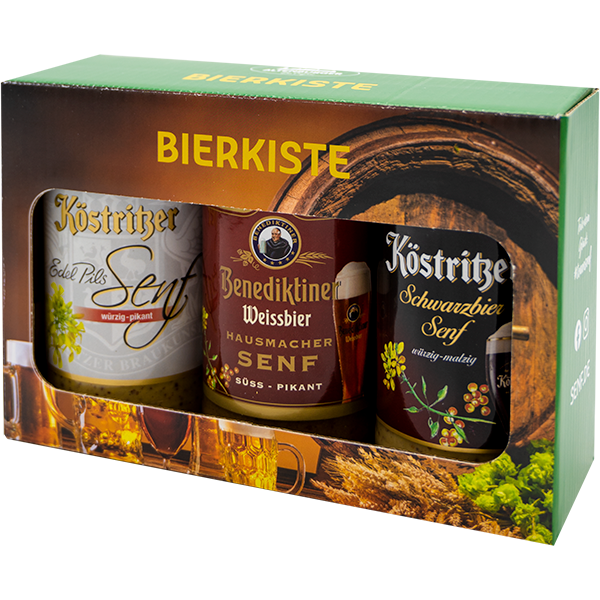 Bier Kiste mit Edel Pils Senf, Köstritzer Schwarzbier Senf und Benediktiner Hausmacher Senf