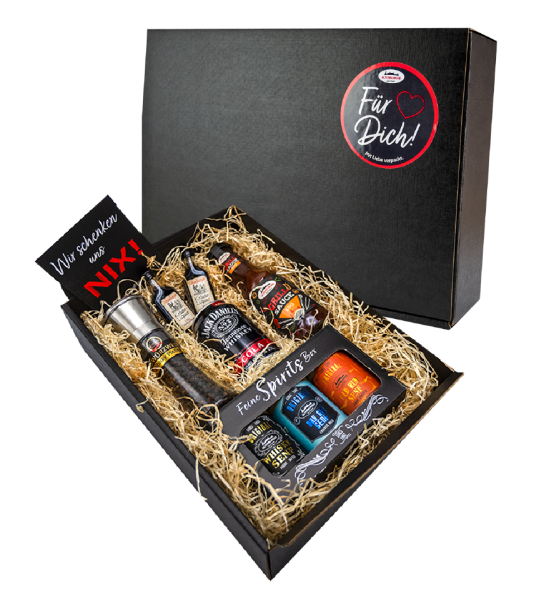 Geschenkbox Feine Spirits mit Mühle, Grillsauce und Senf mit schwarzer Geschenkbox mit Aufkleber "FÜR DICH"