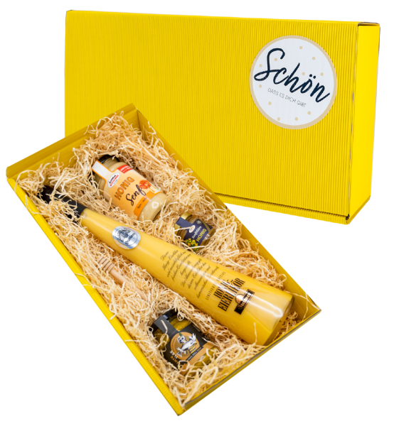 Honig Geschenk gefüllt mit Senfblüten Honig, Honig Eierlikör und Honig Senf mit gelbem Geschenkkarton mit "Schön, dass es dich gibt"-Sticker